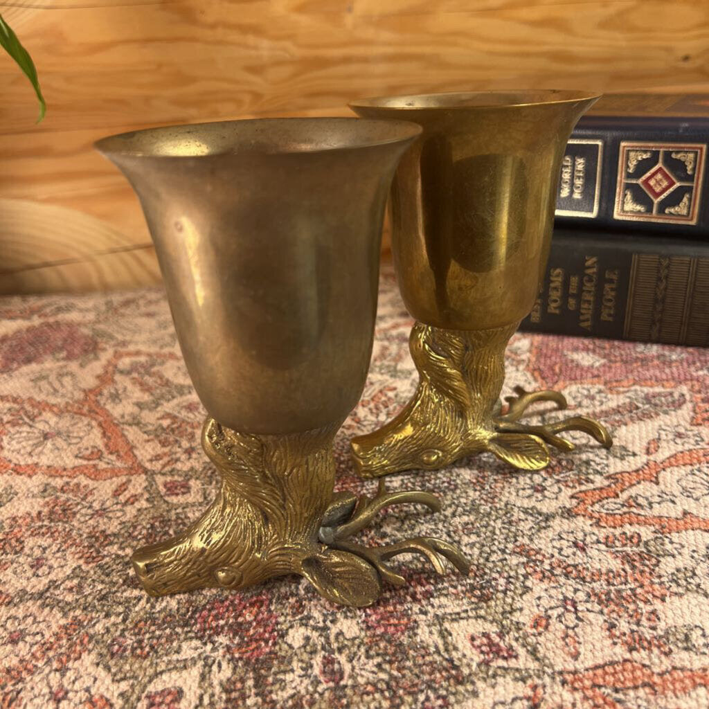 Vintage Brass Deer Stag Stirrup Cups Goblets Set of 2