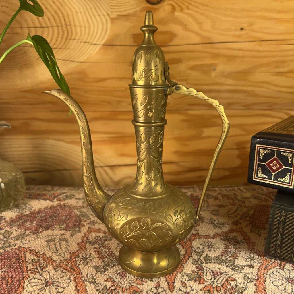 Vintage Turkish Teapot Engraved Brass 8.5"