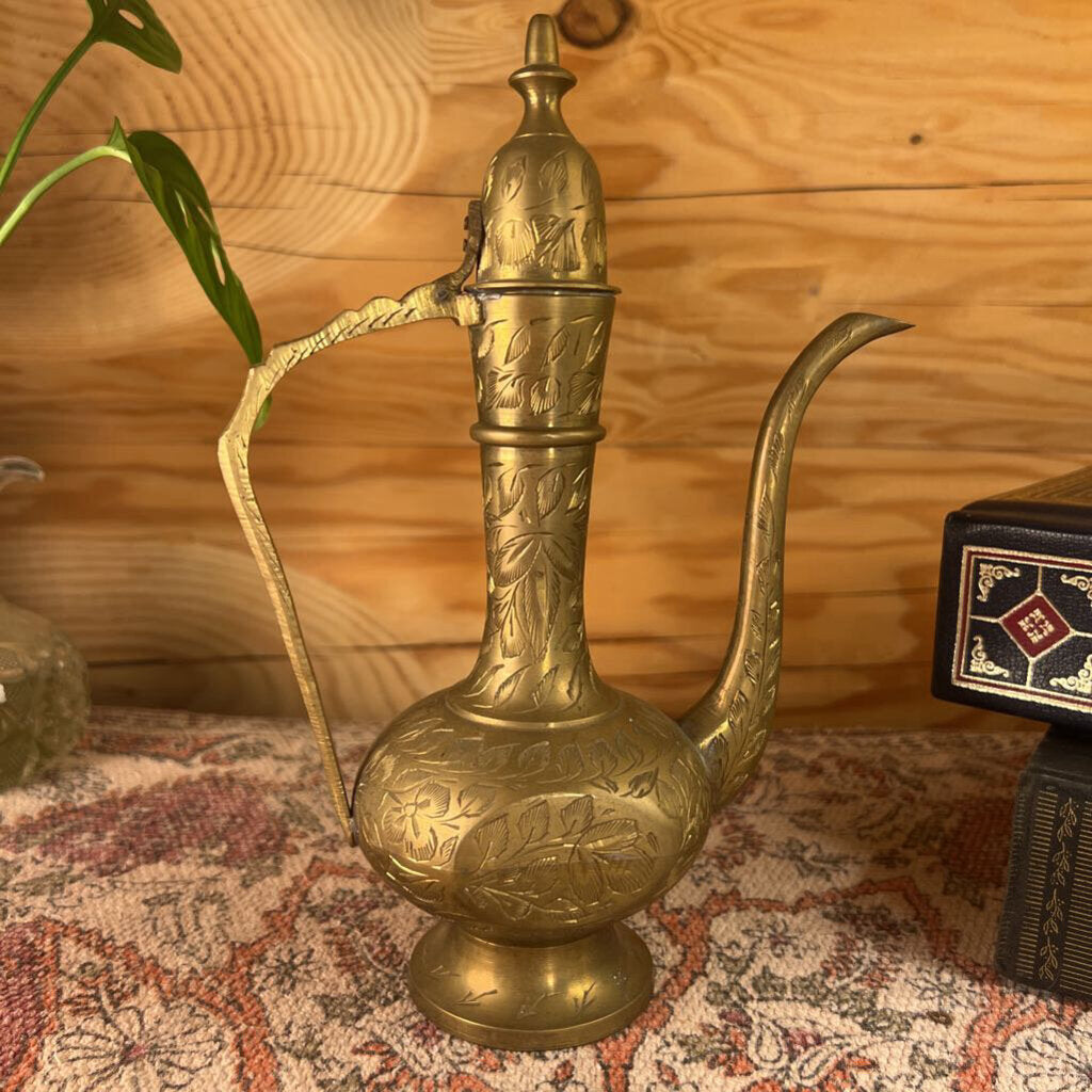 Vintage Turkish Teapot Engraved Brass 8.5"