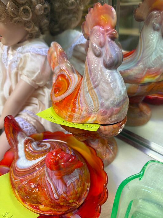 Slag Glass Rooster on Nest - Marbled Red
