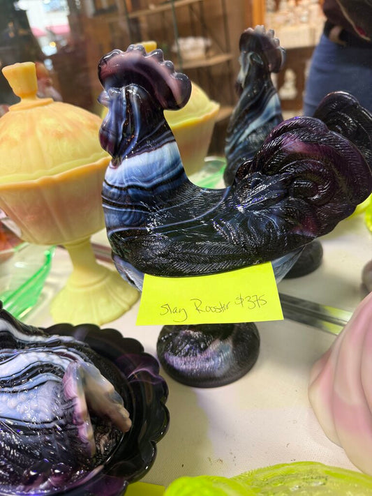 Slag Glass Rooster on Nest - Marbled Black