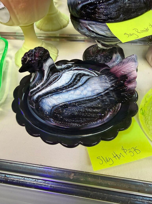 Slag Glass Hen on Nest - Marbled Black